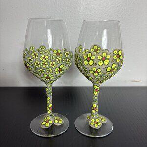 Unique Pair/Set of 2 Polymer Clay Decorated 8.5" Wine Glasses Neon Flowers